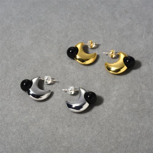 Brass Stud Earring with Black Agate plated for woman Sold By Pair