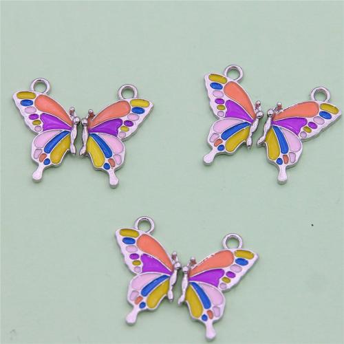 Zinc Alloy Enamel Pendants Butterfly silver color plated fashion jewelry & DIY mixed colors nickel lead & cadmium free Sold By Set