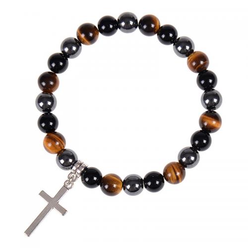Natural Gemstone Necklace Tiger Eye with Black Magnetic Stone & Obsidian Cross fashion jewelry & for man Length Approx 6.6-8.5 Inch Sold By PC