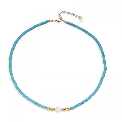 Fashion Turquoise Necklace Natural Turquoise with Tiger Eye & Plastic Pearl & Zinc Alloy with 5cm extender chain plated Bohemian style & Unisex Length 45 cm Sold By PC