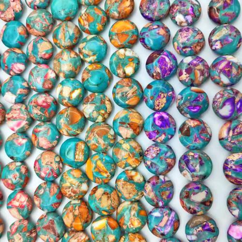 Gemstone šperky Korálky, Dojem Jasper, Flat Round, lesklý, DIY, více barev na výběr, 14mm, Cca 26PC/Strand, Prodáno By Strand