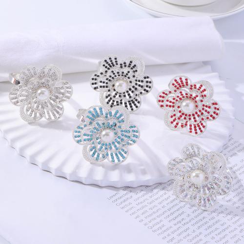 Zinc Alloy Napkin Ring with Plastic Pearl Flower silver color plated with rhinestone Sold By PC