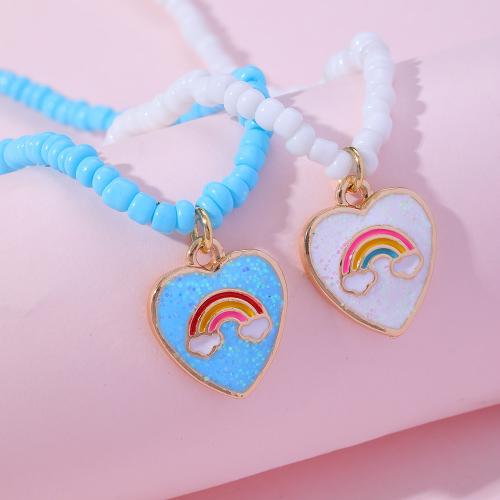 Zinc Alloy Jewelry Necklace with Seedbead with 5CM extender chain Heart gold color plated cute & enamel mixed colors Length 40 cm Sold By PC