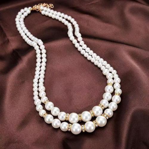 Glass Beads Necklaces ABS Plastic Pearl with Rhinestone & Brass Double Layer & fashion jewelry & for woman 43cm+50cm+8cm extension chain Sold By PC