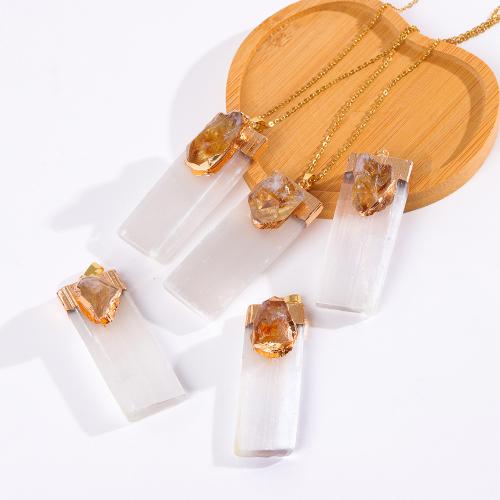 Natural Gemstone Necklace Gypsum Stone with Citrine & Brass Rectangle gold color plated fashion jewelry & Unisex 50mm Length Approx 45 cm Sold By PC