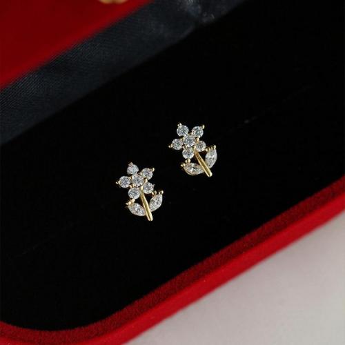 Cubic Zirconia Micro Pave Sterling Silver Earring 925 Sterling Silver Flower 14K gold plated fashion jewelry & micro pave cubic zirconia & for woman nickel lead & cadmium free Sold By Pair