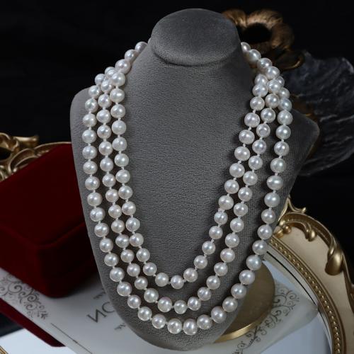 Collana di perle d'acqua dolce catena maglione, perla d'acquadolce coltivata naturalmente, Cerchio, gioielli di moda & unisex, bianco, Length about 7-8mm, Lunghezza Appross. 120 cm, Venduto da PC