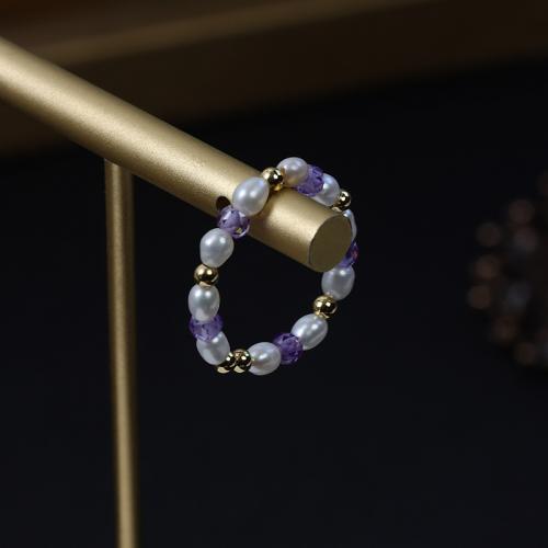 Sladkovodní Pearl prst prsten, s Elastické vlákno & Krystal & Mosaz, Rýže, barva pozlacený, módní šperky & elastické & unisex, smíšené barvy, Pearl diameter 3-4mm,Ring diameter 17-20mm, Prodáno By PC