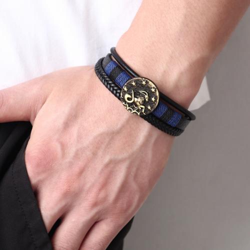 PU Leather Cord Bracelets Zinc Alloy with PU Leather 12 Signs of the Zodiac plated three layers & for man nickel lead & cadmium free Length 20.5 cm Sold By PC