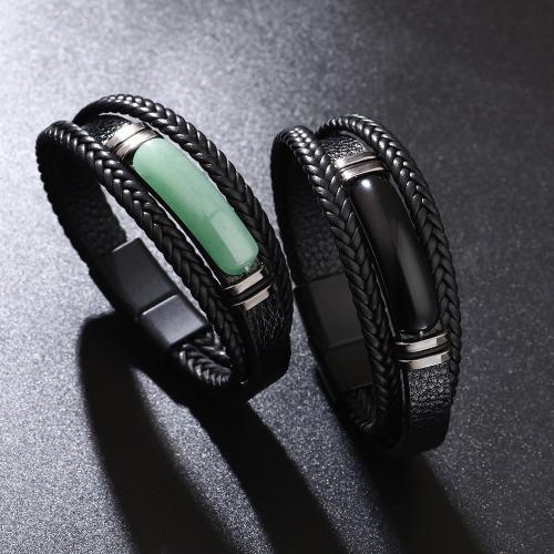 PU Leather Cord Bracelets Zinc Alloy with PU Leather & Green Aventurine Square plated Unisex nickel lead & cadmium free Length 21.5 cm Sold By PC