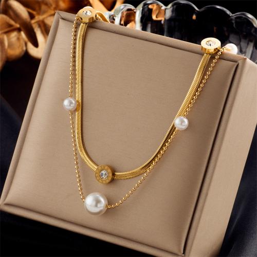 Mode-Multi-Layer-Halskette, 304 Edelstahl, mit Strass & Kunststoff Perlen, Doppelschicht & Modeschmuck & für Frau, goldfarben, frei von Nickel, Blei & Kadmium, verkauft von PC