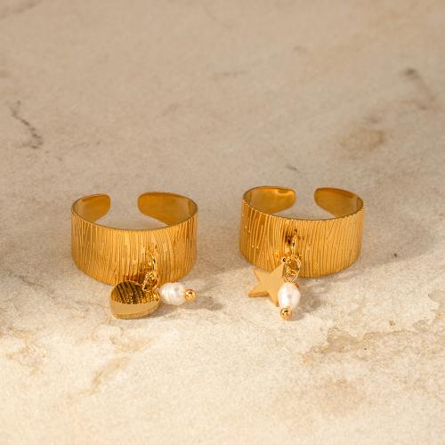 Prst prsten z nerezové oceli, 304 Stainless Steel, s Sladkovodní Pearl, 18K pozlacené, módní šperky & různé styly pro výběr & pro ženy, zlatý, width 10mm, Prodáno By PC
