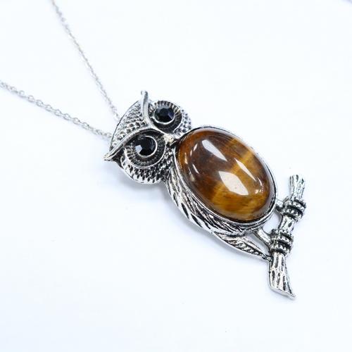 Gemstone Pendants Jewelry Natural Stone with Brass Owl antique silver color plated DIY nickel lead & cadmium free Stone x50mm Sold By PC