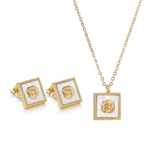 Fashion Stainless Steel Jewelry Sets Stud Earring & sweater chain necklace 304 Stainless Steel with Shell Square fashion jewelry & for woman gold nickel lead & cadmium free Necklace circumference :40+5cm pendant : ; Stud earrings :1cm. Sold By PC