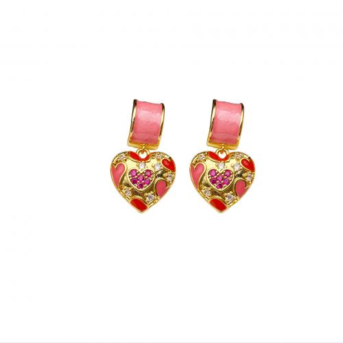 Cubic Zirconia Micro Pave Brass Earring Heart plated micro pave cubic zirconia & for woman & enamel golden Sold By Pair