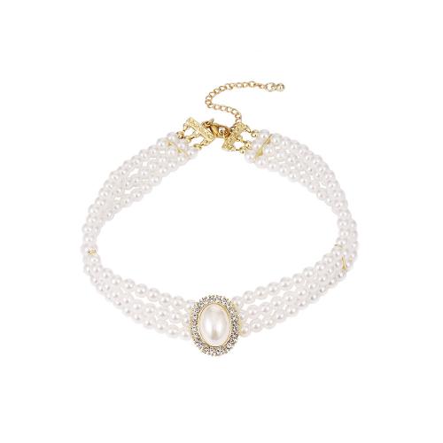 Collar de perlas de plástico, Perlas plásticas, con aleación de zinc, tres capas & para mujer & con diamantes de imitación, 25x20mm, Vendido para aproximado 34 cm Sarta