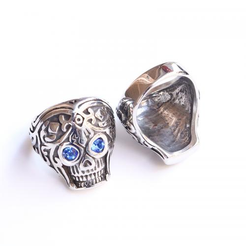 Rhinestone Stainless Steel Finger Ring 304 Stainless Steel Skull polished fashion jewelry & for man & with rhinestone original color Sold By PC