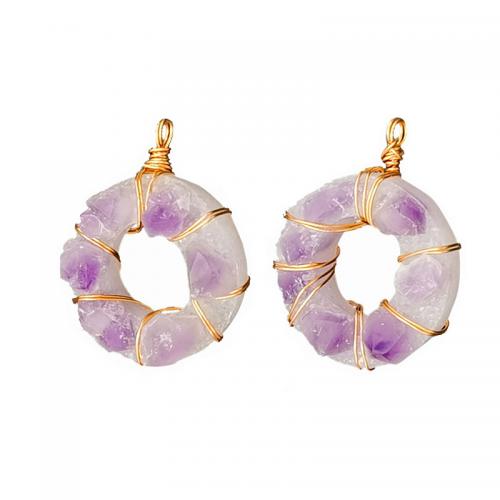 Quartz Gemstone Pendants Amethyst with Resin & Brass Donut gold color plated DIY purple Length and width 35mm Thick about 10-20mm Sold By PC