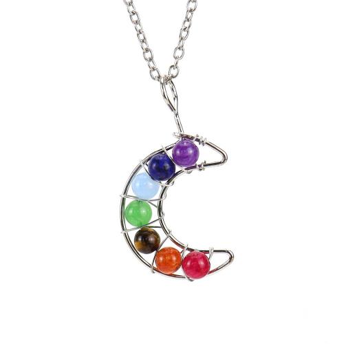 Natural Gemstone Necklace Natural Stone with Brass & Zinc Alloy Moon platinum color plated fashion jewelry & Unisex Length Approx 52 cm Sold By PC