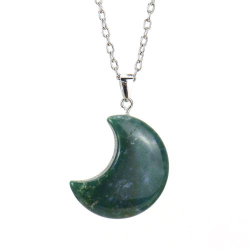 Natural Gemstone Necklace Natural Stone with Brass & Zinc Alloy Moon silver color plated fashion jewelry & Unisex Length Approx 53 cm Sold By PC