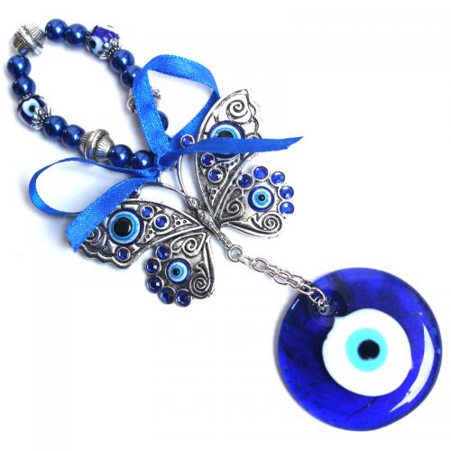 Hanging Ornaments Zinc Alloy with Lampwork Butterfly silver color plated for home and office & evil eye pattern nickel lead & cadmium free Blue eyes diameter 5cm Length 17cm Sold By PC