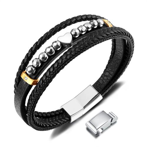 Fiber Bracelet with Hematite & 304 Stainless Steel with 14mm extender chain handmade three layers & fashion jewelry & for man black nickel lead & cadmium free mm Length Approx 210 mm Sold By PC