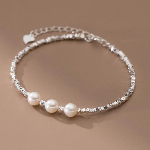 Bracelets en argent sterling, argent sterling 925, avec perle de plastique, avec 4.5CM chaînes de rallonge, Placage, pour femme, argent, Longueur Environ 15.5 cm, Vendu par PC
