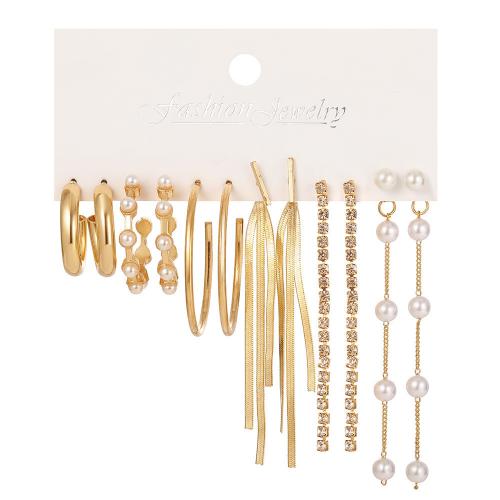 Zinc Alloy Earring Set with Plastic Pearl gold color plated for woman & with rhinestone Sold By Set
