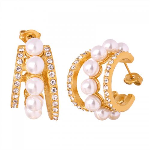 Titanium Steel  Earring with Shell Pearl & Czech Rhinestone Vacuum Ion Plating fashion jewelry & for woman Sold By Pair