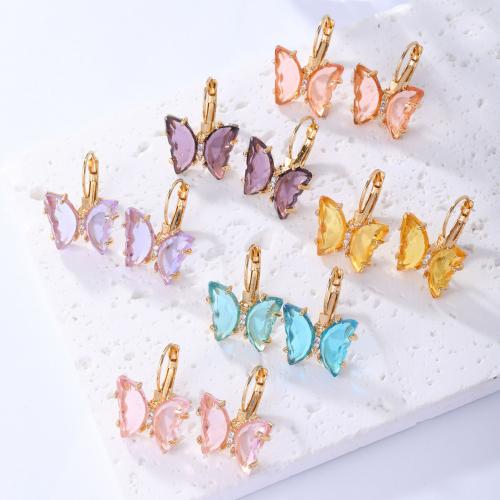 Brass Hoop Earring with Plastic Butterfly gold color plated fashion jewelry & for woman & with rhinestone nickel lead & cadmium free Sold By Pair