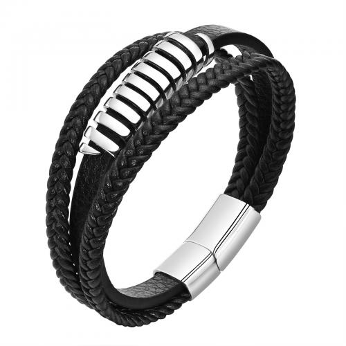 PU Leather Cord Bracelets 304 Stainless Steel with PU Leather plated three layers & fashion jewelry & for woman black nickel lead & cadmium free Length Approx 21 cm Sold By PC