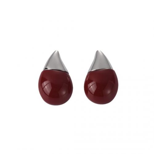 Brass Stud Earring with Red Agate & White Agate plated for woman Sold By Pair