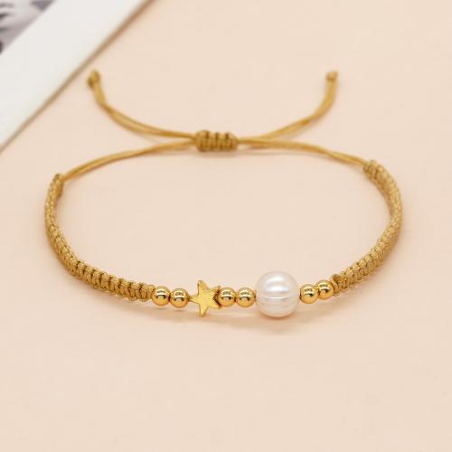 Freshwater Cultured Pearl Bracelet Freshwater Pearl with Knot Cord & Brass gold color plated Adjustable & fashion jewelry & for woman white Length Approx 28 cm Sold By PC
