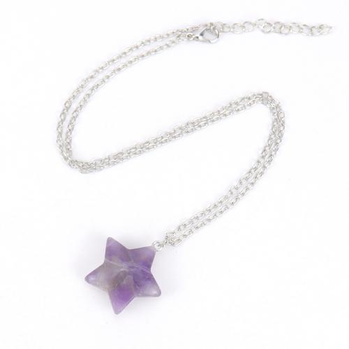 Natural Gemstone Necklace Natural Stone with Brass & Zinc Alloy Star silver color plated fashion jewelry & Unisex nickel lead & cadmium free 25mm Length Approx 53 cm Sold By PC