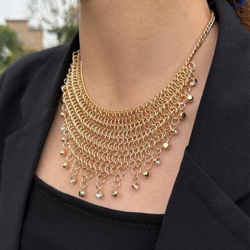 Iron Necklaces with 7cm extender chain plated fashion jewelry & with rhinestone golden Length 46 cm Sold By PC