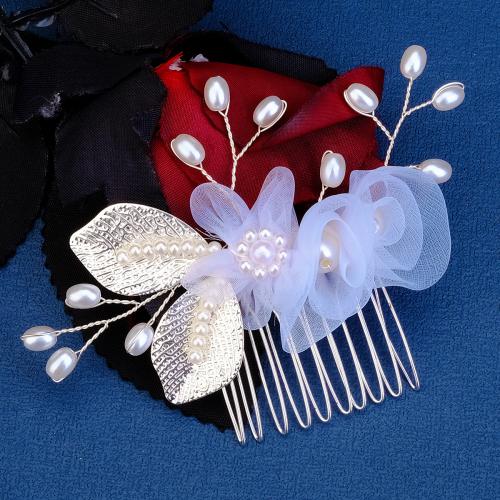 Decorative Hair Combs Zinc Alloy with Gauze & Plastic Pearl Flower plated for woman silver color Sold By PC