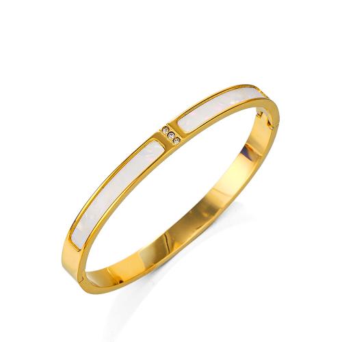 Stainless Steel Bangle 304 Stainless Steel with Shell Donut gold color plated for woman & with rhinestone white Sold By PC