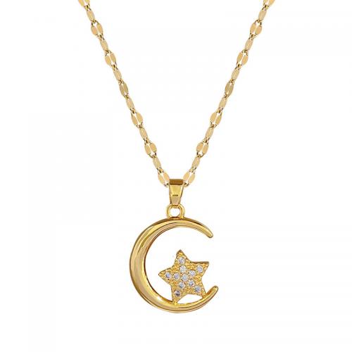 Brass Necklace with Titanium Steel with 2inch extender chain Moon and Star real gold plated for woman & with rhinestone Length Approx 15.7 Inch Sold By PC