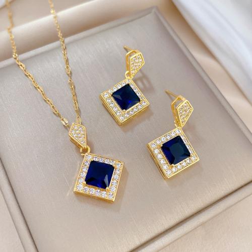 Titanium Steel Jewelry Set, Rhombus, real gold plated, different styles for choice & micro pave cubic zirconia & for woman, Sold By PC