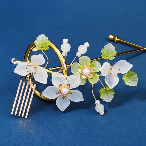 Decorative Hair Combs Zinc Alloy with Resin & Plastic Pearl Flower plated & for woman & with rhinestone nickel lead & cadmium free Sold By PC