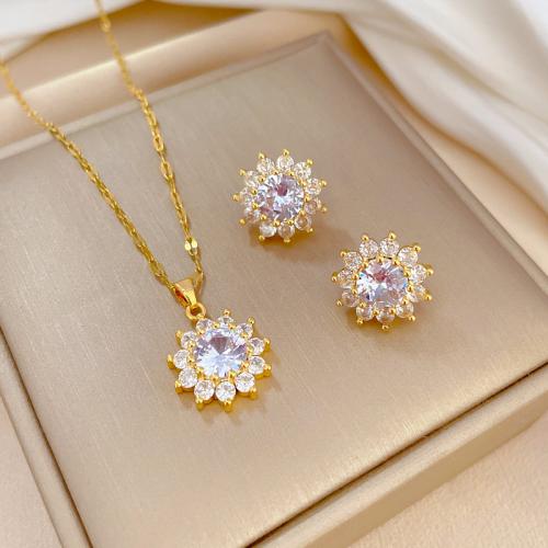 Titanium Steel Jewelry Set with Brass Flower real gold plated & micro pave cubic zirconia & for woman Sold By PC