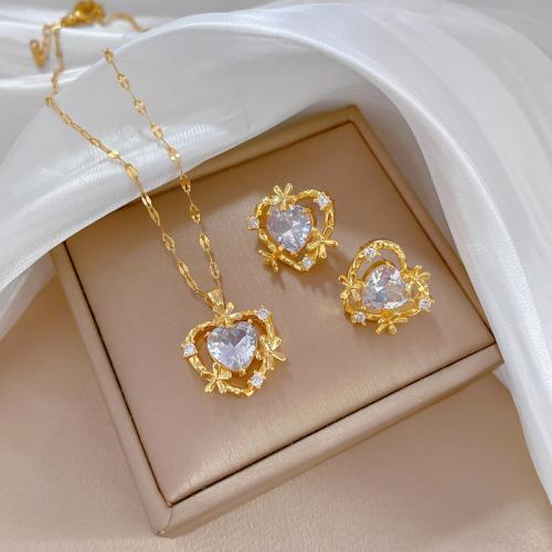 Titanium Steel Jewelry Set with Brass Heart real gold plated & micro pave cubic zirconia & for woman & hollow Sold By PC