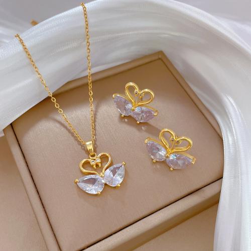 Titanium Steel Jewelry Set with Brass Mandarin Duck real gold plated & micro pave cubic zirconia & for woman Sold By PC
