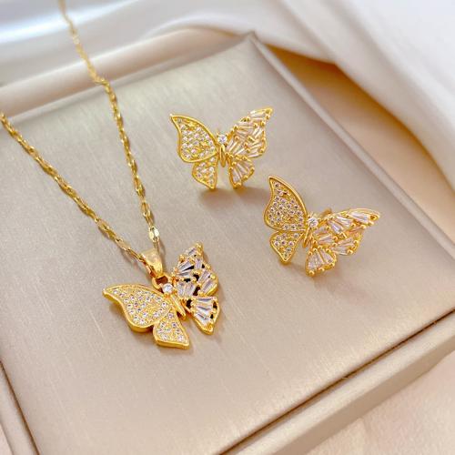 Titanium Steel Jewelry Set with Brass Butterfly real gold plated & micro pave cubic zirconia & for woman Sold By PC