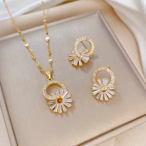 Titanium Steel Jewelry Set with Brass Flower real gold plated & micro pave cubic zirconia & for woman & hollow Sold By PC