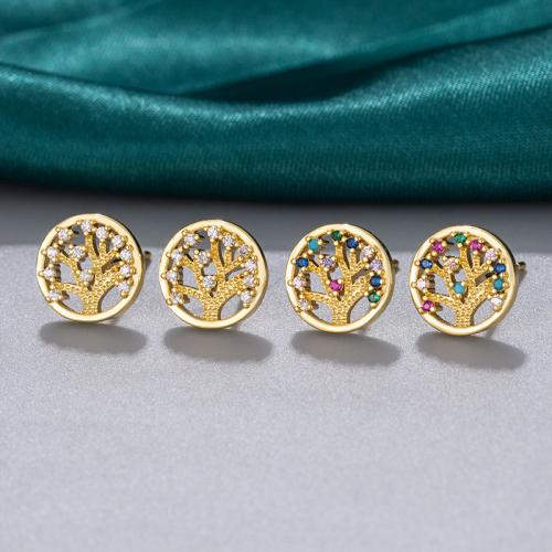 Brass Stud Earring Tree real gold plated micro pave cubic zirconia & for woman & hollow 10mm Sold By Pair
