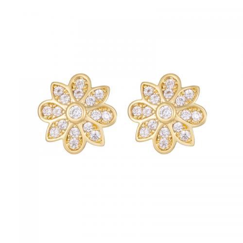 Brass Stud Earring Flower real gold plated micro pave cubic zirconia & for woman 10mm Sold By Pair