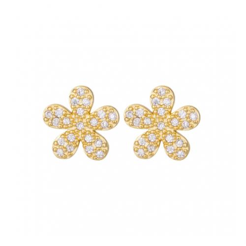 Brass Stud Earring Flower real gold plated for woman & with rhinestone 10mm Sold By Pair