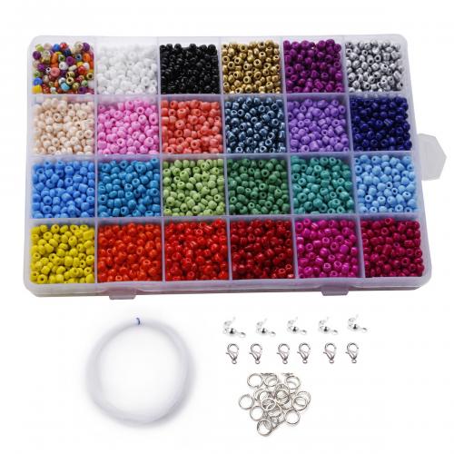 DIY Smycken Supplies, Glas, med Fiske linje & Plastlåda, ugnstorkande lack, 24 celler, fler färger för val, box:19.5x13.3x2.2cm,beads:4mm, Ca 7200PC/Box, Säljs av Box