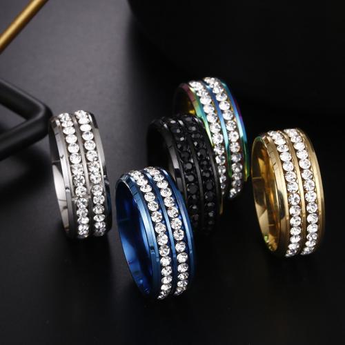 Rhinestone Stainless Steel Finger Ring 304 Stainless Steel fashion jewelry & Unisex & with rhinestone nickel lead & cadmium free Width 8mm Thickness 2mm Sold By PC